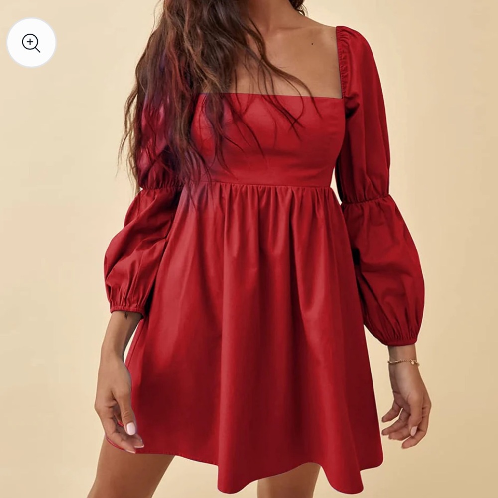 Exlura Square Neck Dress Long Puff Sleeve A-Line Casual Short Mini Dress - “Red”